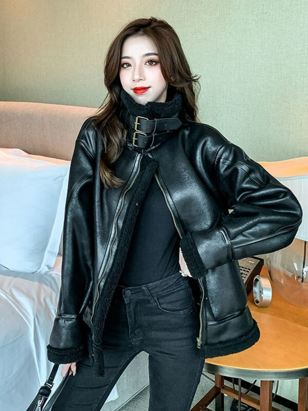 Vintage Zipper skórzana kurtka motocyklowa kobiety jesień koreański luźny ciepły skórzany płaszcz ze sztucznym futrem kobieta 2022 Winter Streetwear eleganckie koszule
