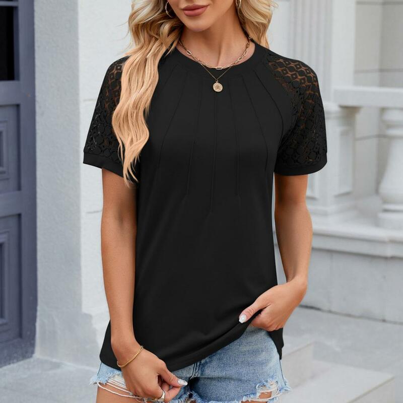 Weibliches T-Shirt stilvolle Damen Sommer Tops Plissee O-Ausschnitt T-Shirt mit Mesh-Spitze Detail lierung Kurzarm Business für lässig