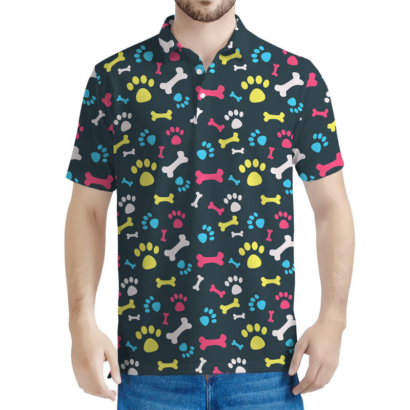Polo à manches courtes pour hommes et enfants, t-shirt imprimé dessin animé 3D, t-shirt décontracté à boutons, pattes de chat, chien mignon, été