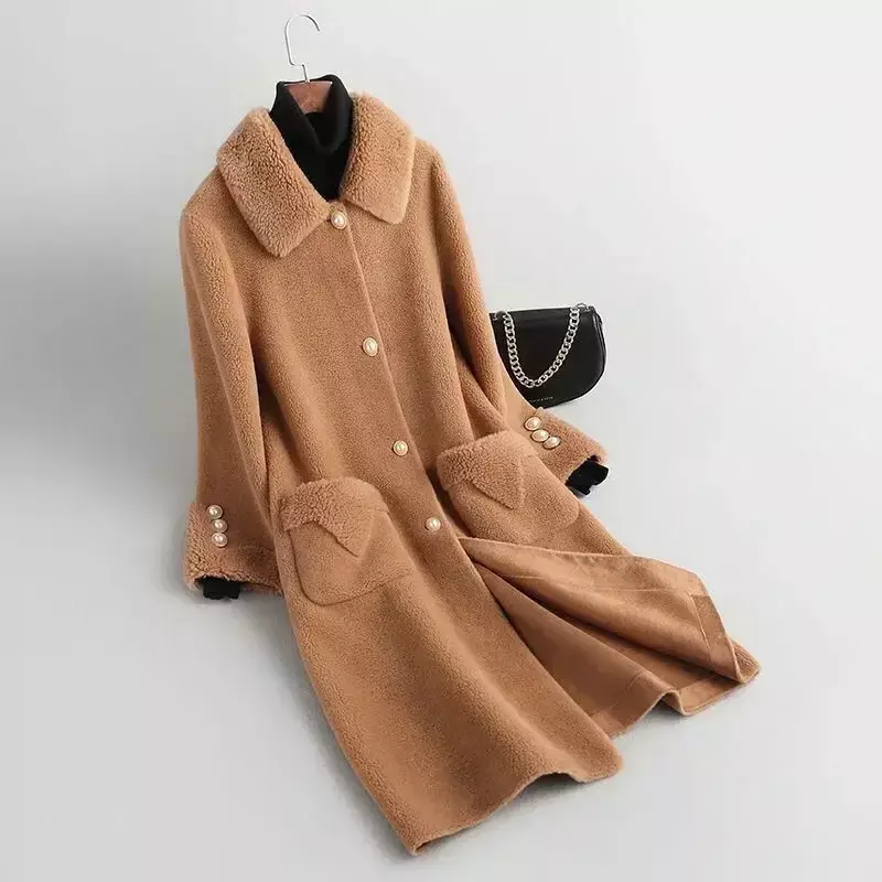 Новинка 2023, женское осенне-зимнее теплое пальто из натурального меха ягненка, женские свободные куртки из натурального меха, женское длинное однотонное пальто O518