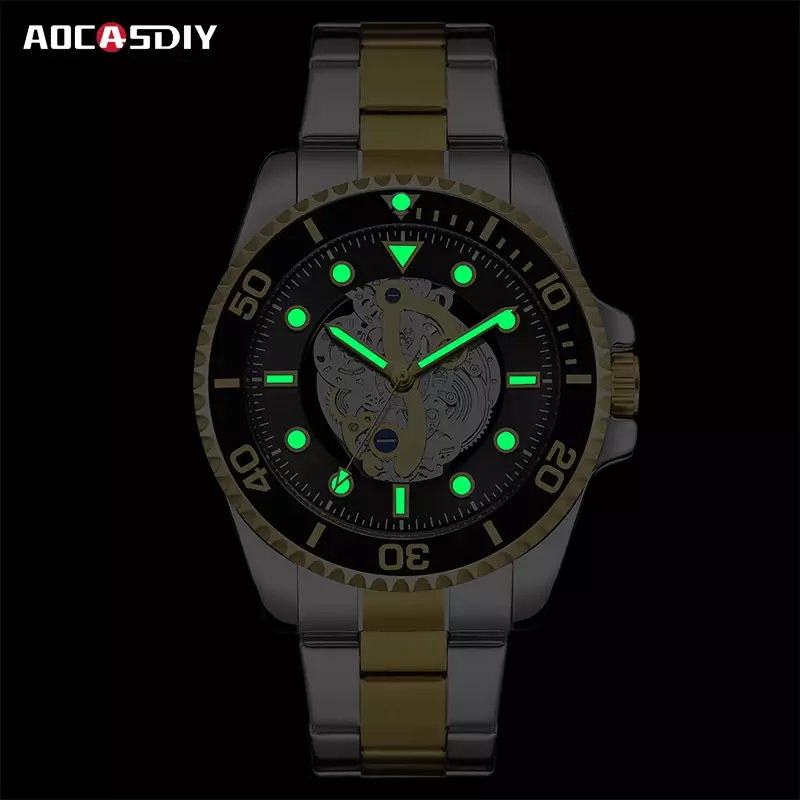 Aocasdiy นาฬิกาเป็นทางการสุดหรูแฟชั่นสำหรับผู้ชาย, นาฬิกาโครโนกราฟกันน้ำนาฬิกาข้อมือควอตซ์เรืองแสงพร้อม Jam Tangan tanggal อัตโนมัติสำหรับผู้ชาย