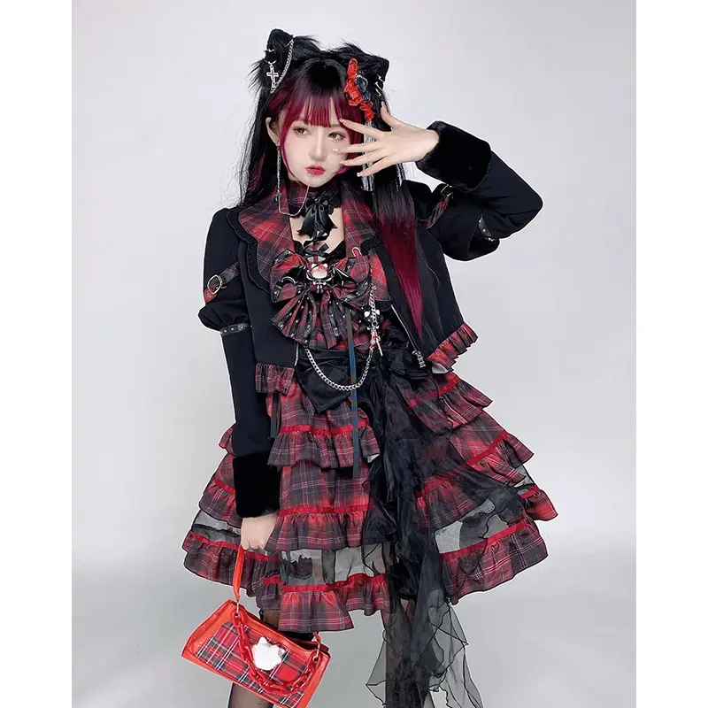 Casacos de manga comprida Puff vitorianos para mulheres, vestidos góticos japoneses, Punk Lolita, casaco chique, Kawaii Bow Bandage, vestido de bolo xadrez