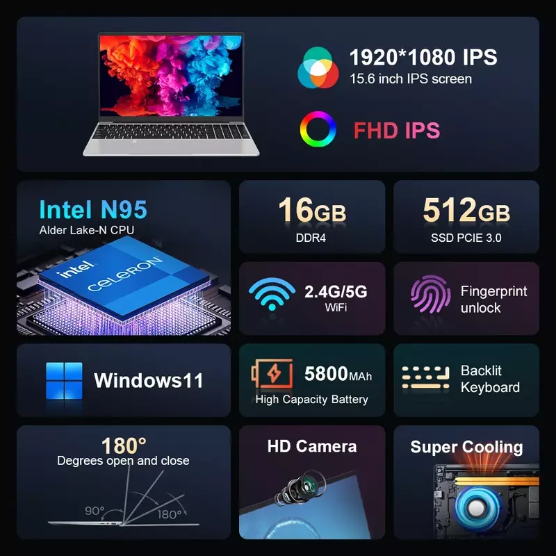 Ninkear-Gaming Laptop com Intel Celeron, Notebooks Office, Windows 11, IPS, 15,6 ", IPS, 1080P, N95, 3.4GHz, 12GB de RAM, 512GB SSD