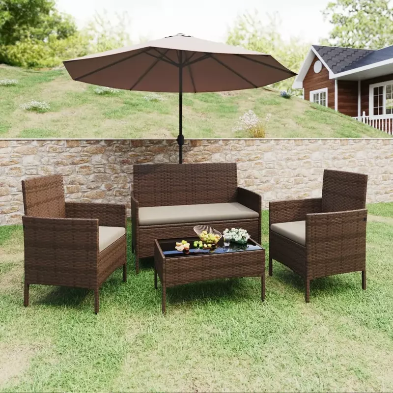 Outdoor Wicker Rattan cadeiras com almofada macia, mesa de vidro, Loveseat, jardim, quintal, varanda, varanda, piscina, 4 pcs