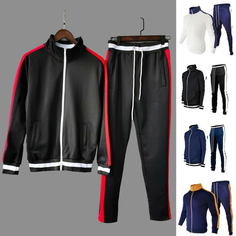 Conjunto de chándal de retazos de manga larga con cremallera y cordón, ropa deportiva cálida, traje de cuello alto, 2 piezas