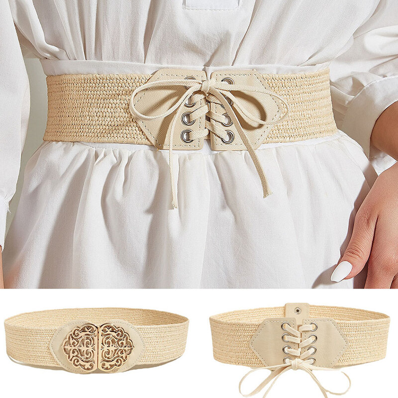 Cintura della boemia per le donne cinturino in vita con lacci in erba PP cintura intrecciata elastica cintura larga in tessuto di paglia vestito con cintura decorata