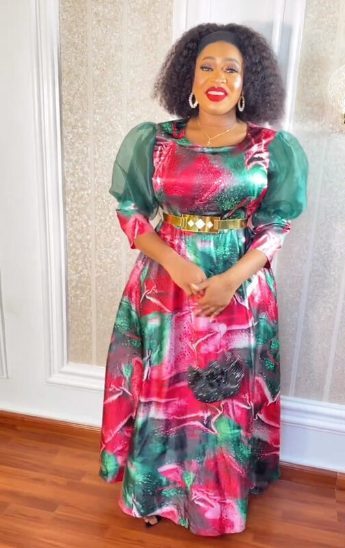 2023 afrykański nadruk sukienki dla kobiet jesień elegancka afrykańska pół rękaw z okrągłym dekoltem poliestrowa suknia ślubna Maxi afrykańskie ubrania