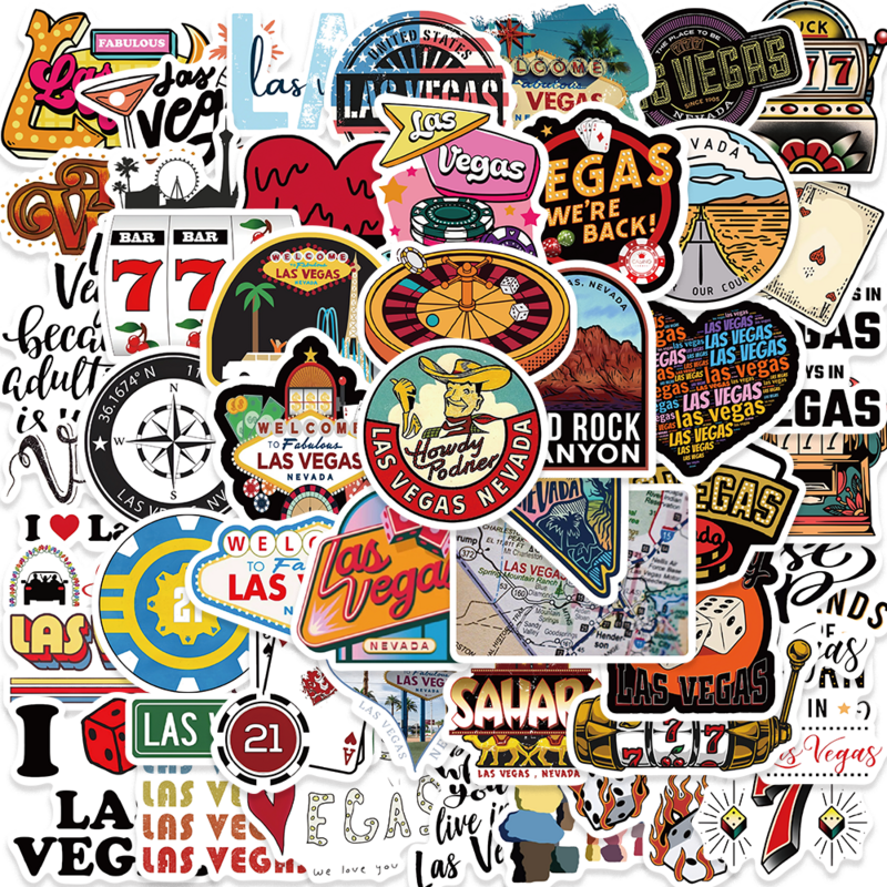 50 buah stiker Las Vegas antik kartun tahan air grafiti DIY stiker dekorasi Scarpbook Skateboard Laptop Notebook buku harian
