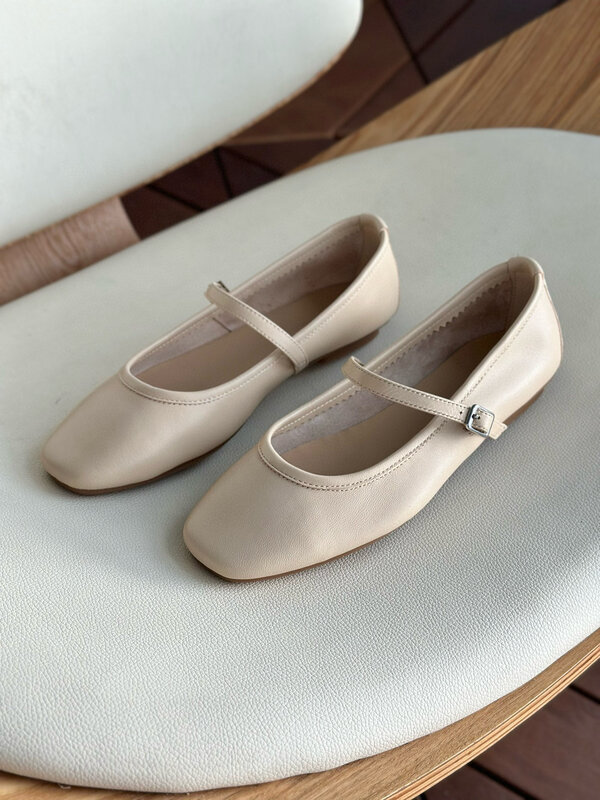 Jojolee-Mocassins en cuir véritable pour femme, chaussures plates décontractées à talons bas de 1cm, 2024