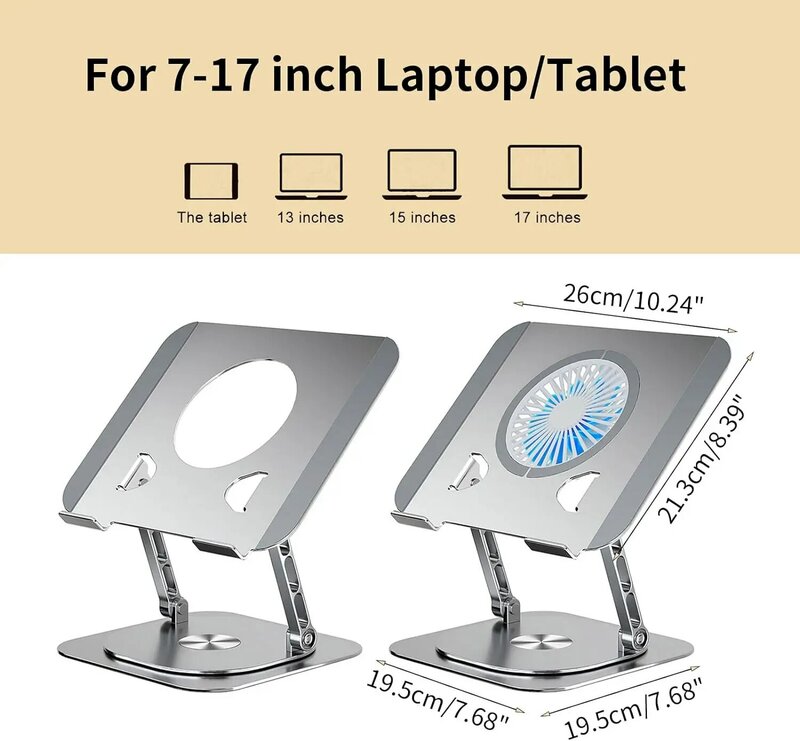 Support d'ordinateur portable rotatif à 360 ° en alliage d'aluminium, support de refroidissement pour tablette avec ventilateur pliant, support antidérapant pour 7-17 pouces