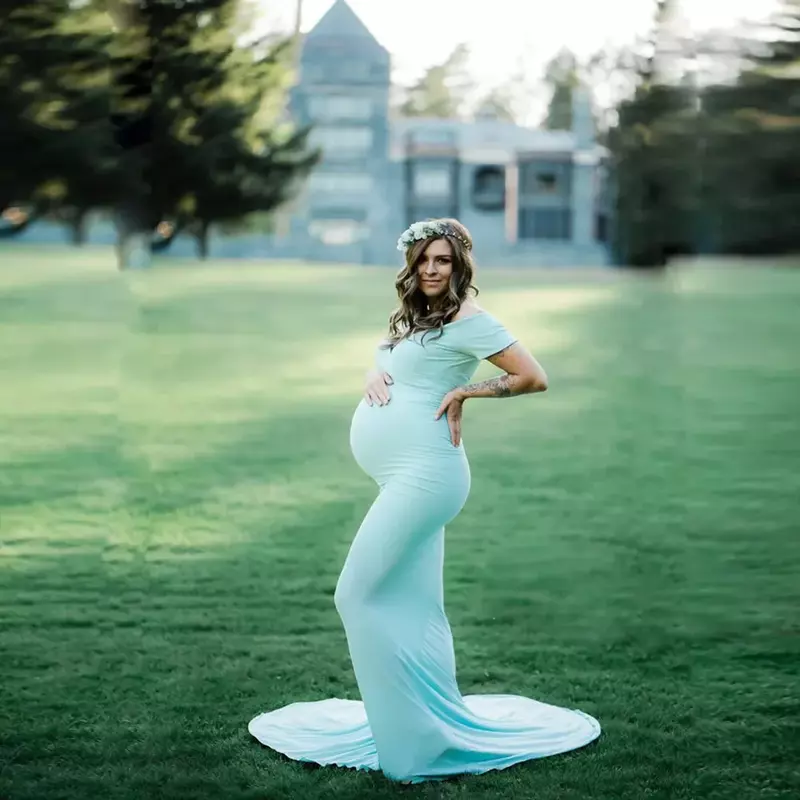 Elegence Shoulderless Maternity Shoot Dress Cute Pregnancy Photography Dress For Baby Shower Pregnant Women Maxi Gown Photo Prop