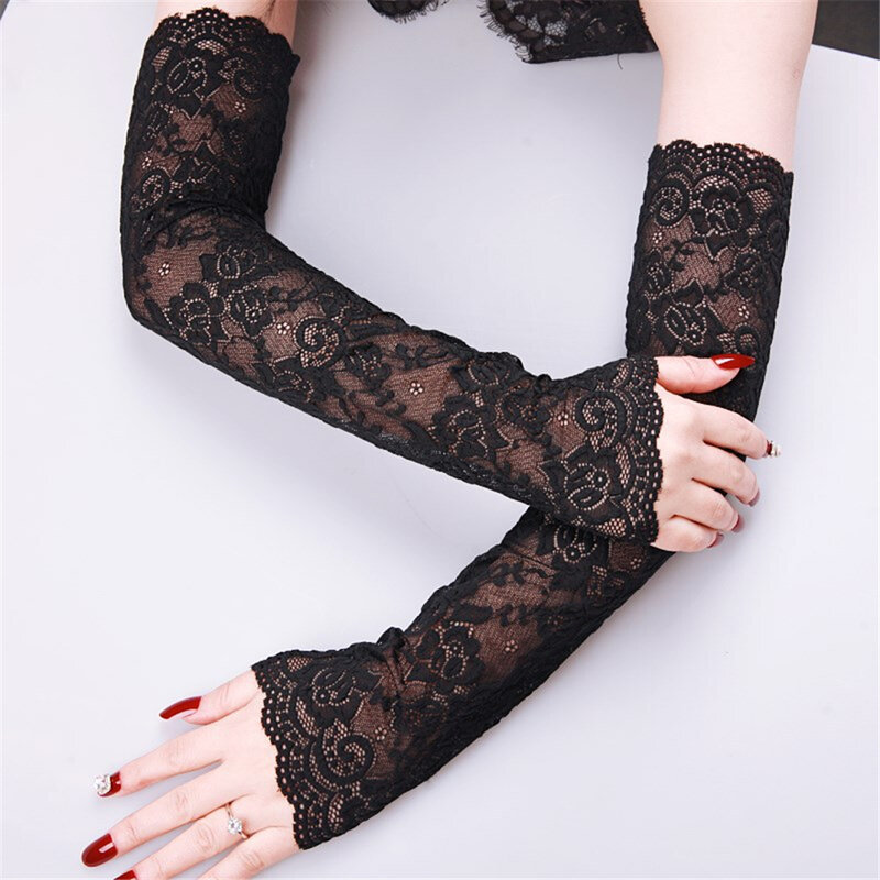 1 Pair Women Lace Summer Sunscreen Fingerless Driving Gloves Ice Arm Cuffs Arm Sleeve Mittens Arm Cover