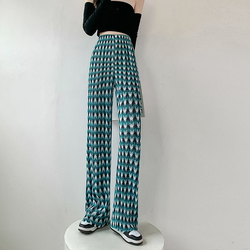 주름 탄성 허리 넓은 다리 바지 여성용, 한국 격자 무늬 하이 웨스트 루즈핏 패션 바지, 봄 상품