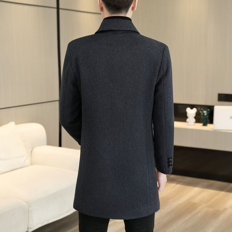 Topowe wełniane płaszcze męskie 2024 jesienno-zimowe jednokolorowe ciepłe wełniane kurtki wiatrówki średniej długości biznesowy płaszcz odzież