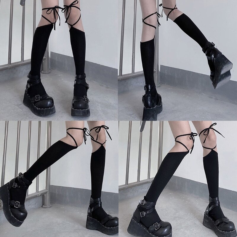 สไตล์ญี่ปุ่นผู้หญิง ถุงเท้าสูงต้นขา Harajuku Gothic Criss สำหรับ LACE-Up ผ้าพันคอนักเรียนกว่าถุงน่องเข่า