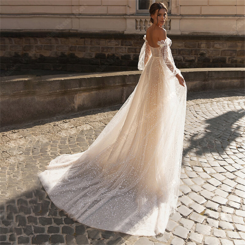 Gaun pernikahan wanita permukaan bersinar gaun pengantin A-Line bahu terbuka gaun pengantin seksi cantik kerah Sweetheart Vestidos De Novias 2024