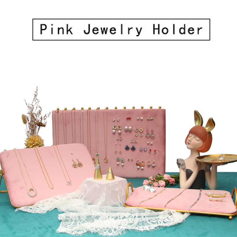 Bandeja de jóias de veludo para mulheres e meninas, expositor, anel, brincos, pulseira, colar, armazenamento de metal, organizador