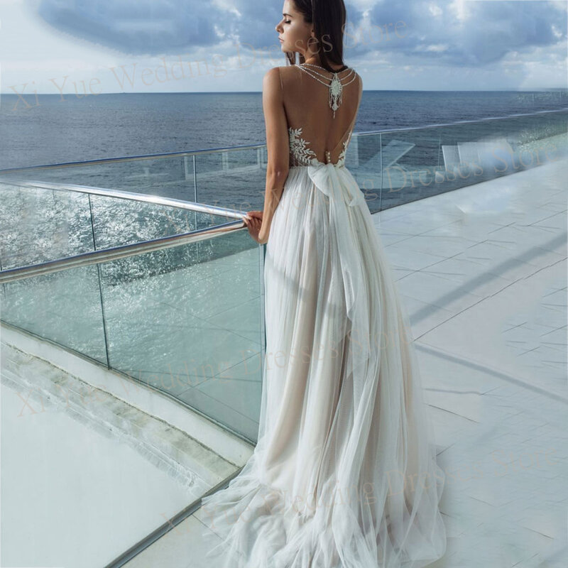 Elegant A-Line Tulle Wedding Dresses Lace Appliques Sleeveless Backless Bride Gowns Charming Spaghetti Straps Vestido De Novia