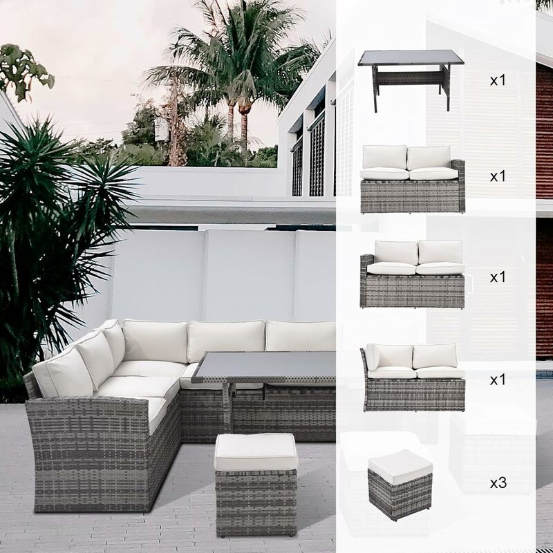 Patio Furniture Set, All Weather Wicker Outdoor Sectional Couch Sofa Dining Table Chair Set