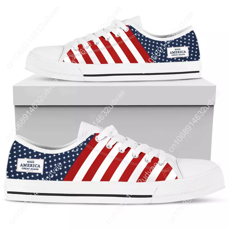 American Flag MAGA Fourth Of July Women Summer Canvas Vulcanized Shoes Casual Flats Plus Size 45/46