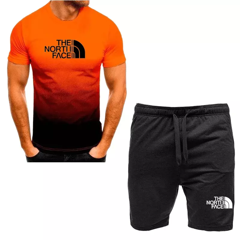 Zomer Heren Gradiënt Mode T-Shirt + Short Casual Sportkleding Set, Sneldrogende Sportkleding Met Korte Mouwen 2-delige Set