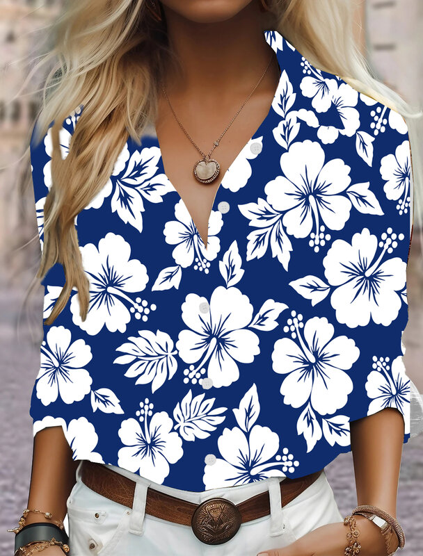 Camisa de manga larga con diseño de flores para mujer, ropa de diario cómoda y transpirable, informal, con botones, a la moda, 2024