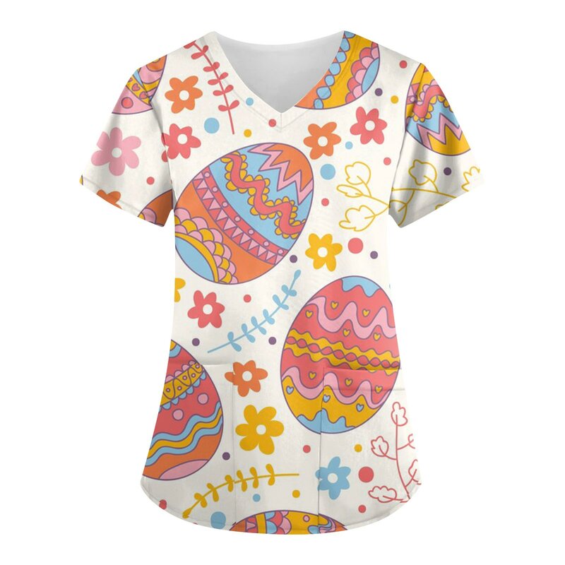T-shirt à imprimé floral de Pâques pour femmes, uniforme de travail d'été, haut fin imprimé animal, vêtements de travail, uniformes d'infirmière, 2024