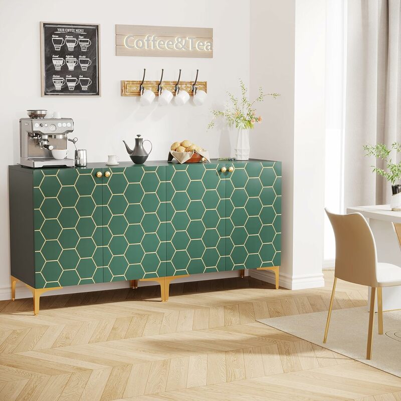 31.5 Inches Buffet Cabinet Set of 2, Sideboard with 2 Doors and Storage Shelves for Home, Modern Hexagon Pattern Display