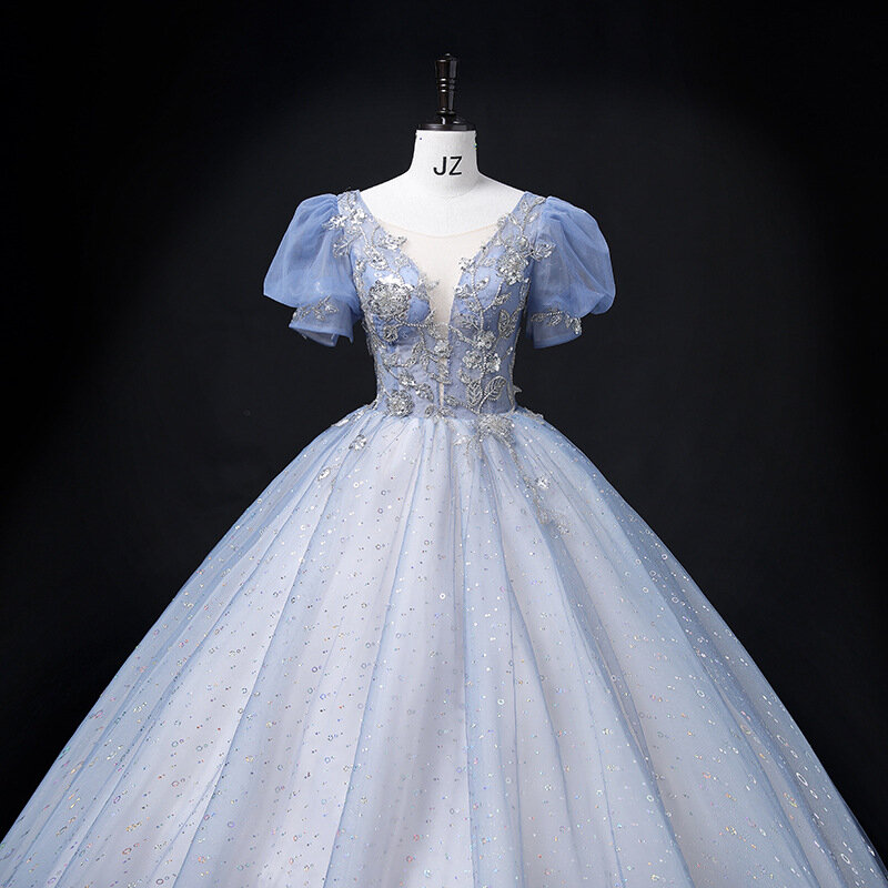 Lekka niebieskie sukienki Quinceanera suknia balowa 2024 nowa moda z dekoltem w serek błyszczący Vintage bufiaste rękawy księżniczka sukienka na studniówkę kobiet