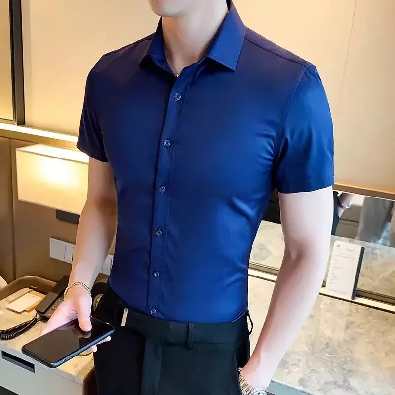 Letnia męska koszula z krótkim rękawem koreańska wersja męskiego koszula na co dzień biznesu, smukłe, przystojne modne solidny kolor koszula topy