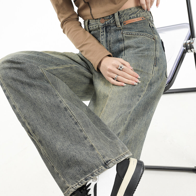 Винтажные женские джинсы Y2K, одежда с высокой талией, Удобные Свободные прямые джинсовые брюки
