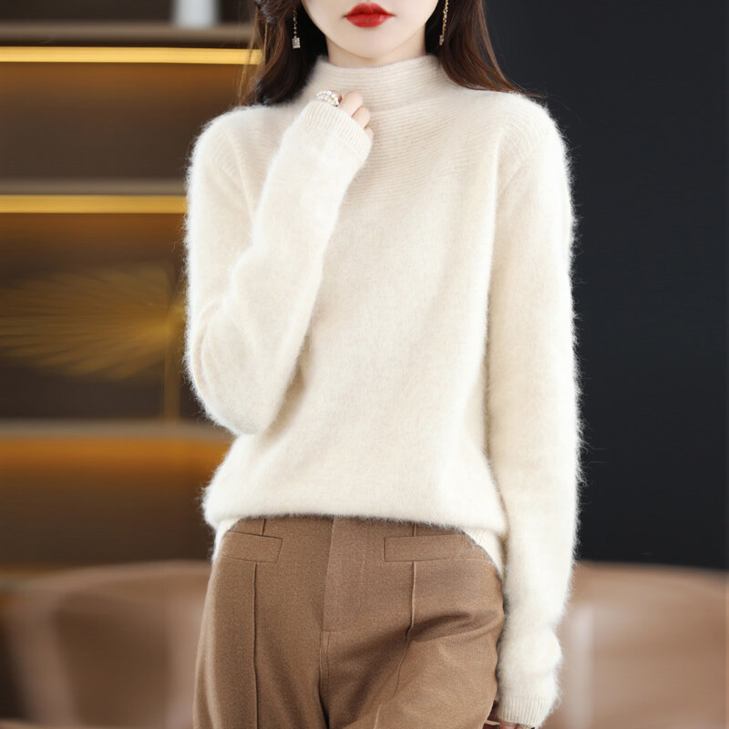 Camisola de vison feminino tricô meia gola alta base casaco outono e inverno novo estilo fino cor sólida com manga longa pulôver