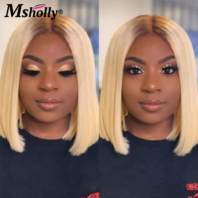 Ombre 613 Blonde Lace Front Wig Human Hair Preplucked 4/613 Colored Straight Wig 13x4 Lace Front Wig Dark Roots Short Bob Wig