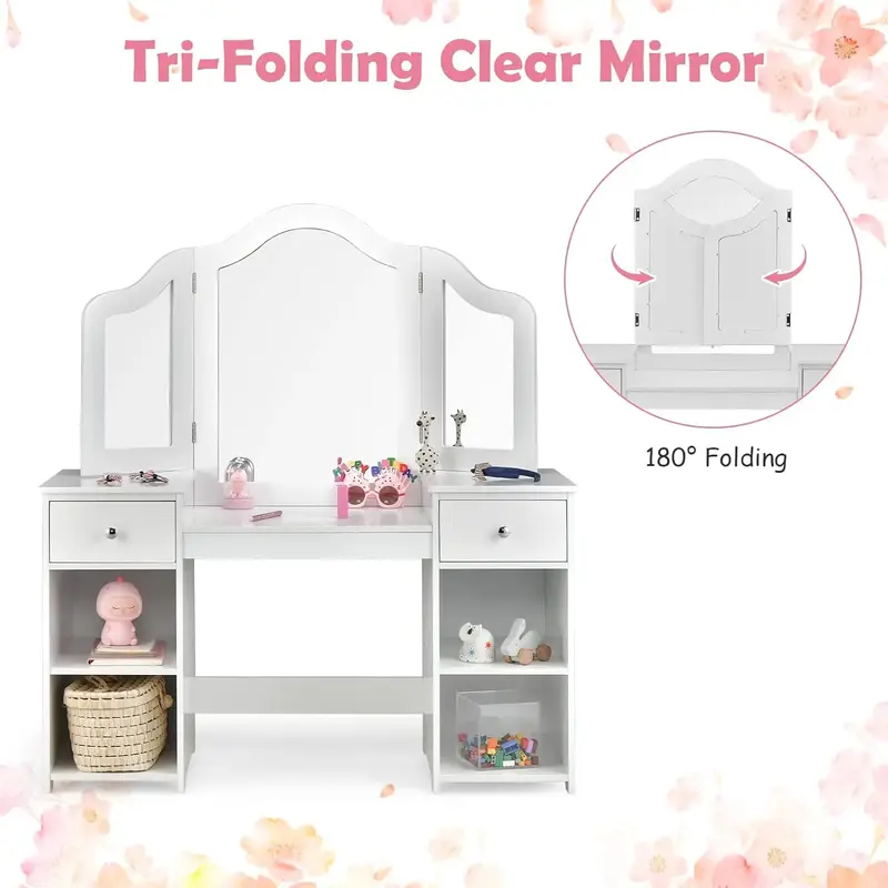 Próżność dla dzieci, biurko i zestaw krzeseł do makijażu księżniczki 2 w 1, z trójskładanym odłączanym lustrem, dużymi półkami do przechowywania, toaletką
