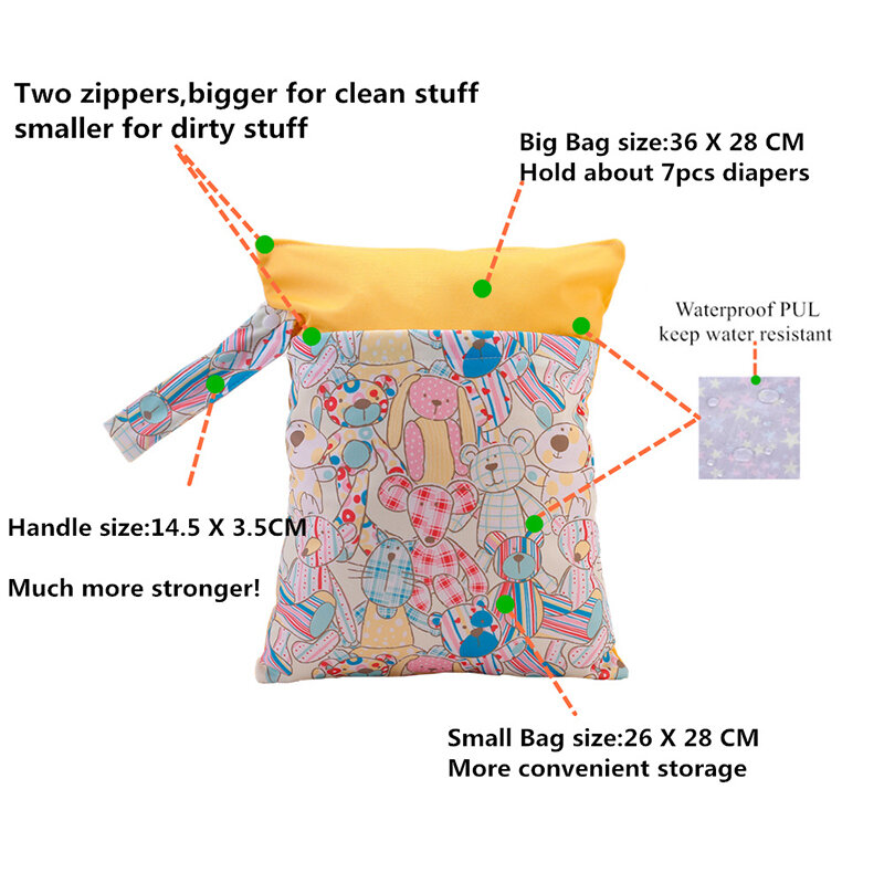 BIAI-Bolsa de baño impermeable de poliéster para bebé, bolsa de doble bolsillo para pañales secos, Mini bolsa húmeda, 25x35