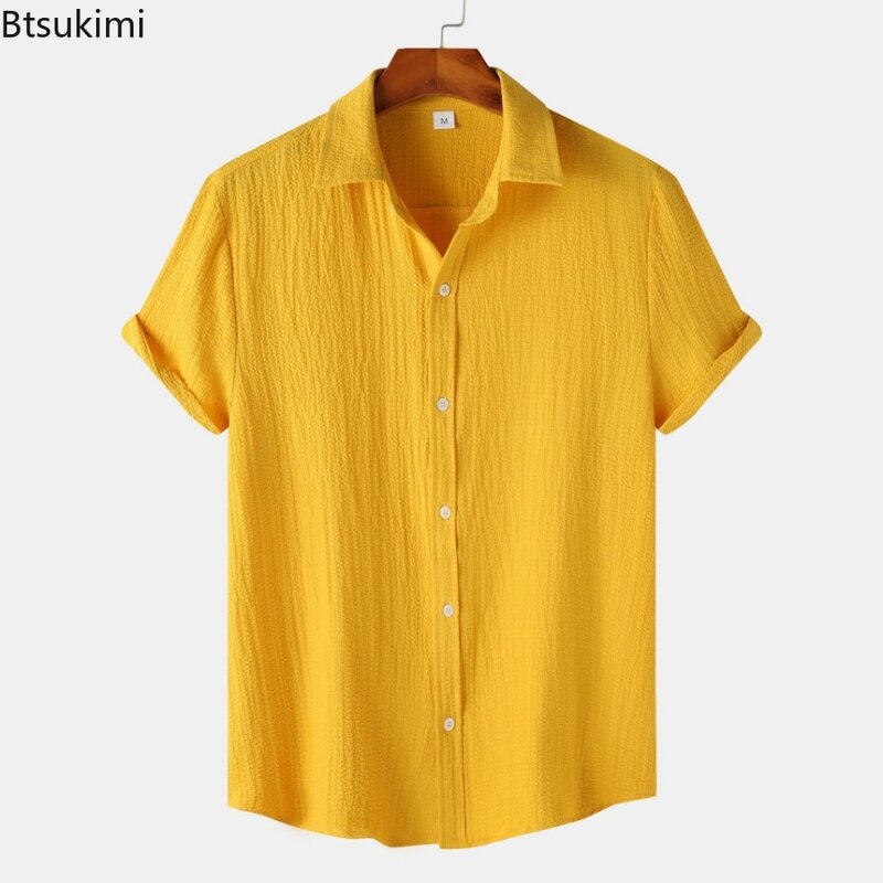 2024 Men's Solid Color Casual Shirts Summer New Men Short-sleeved Single Breasted Simple Blouse Tops Male Beach Holiday Camisas