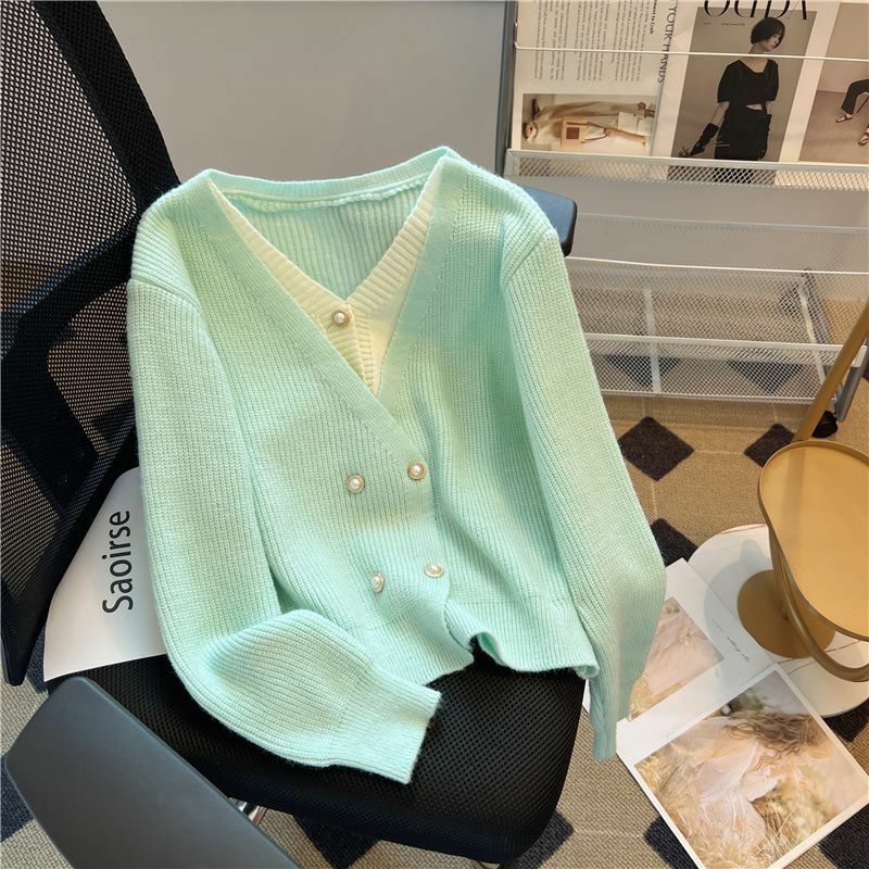 2024 Spring and Autumn Vacation Two Knitted Women's Wear Green Sweet Sweater Coat Sweater Korean Style Green Sweater