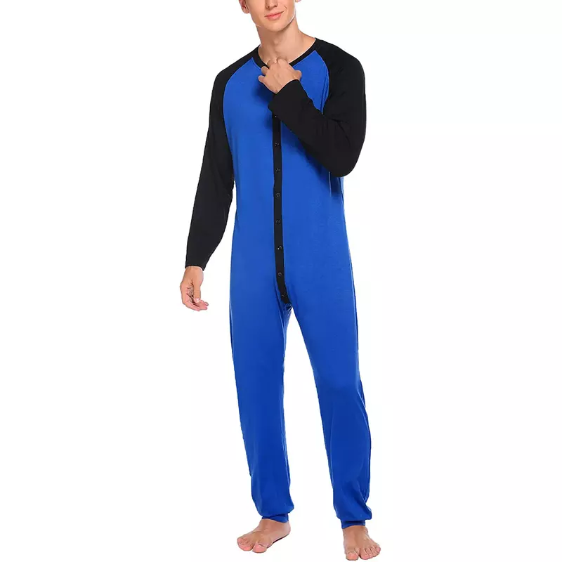 Camisón azul de una pieza para hombre, Pijama largo con cuello de botón, manga redonda surtida, Color gris, negro, abierto