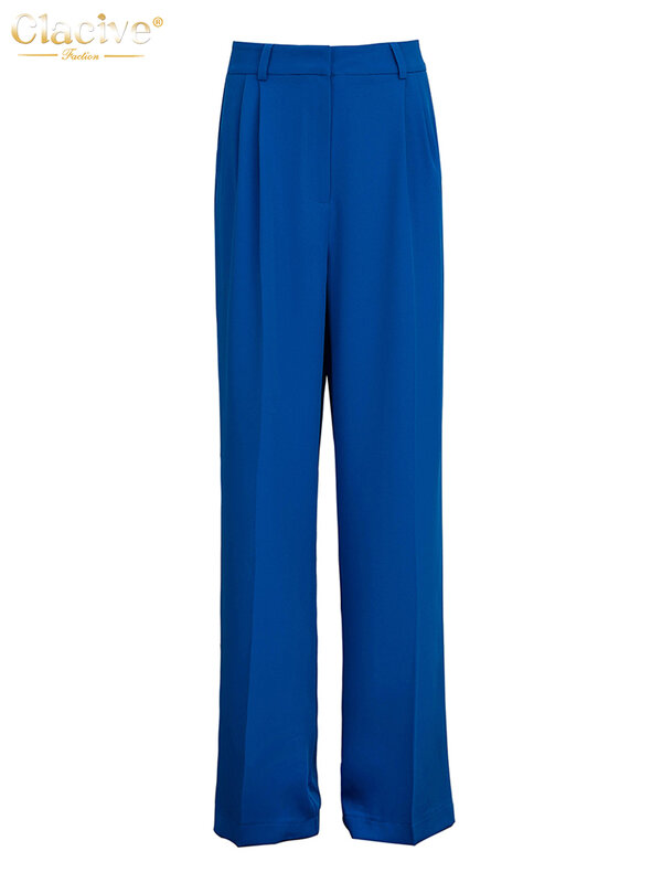 Clacive-calças largas de cintura alta para mulheres, calças femininas de comprimento total, casual azul escritório, moda solta, 2021