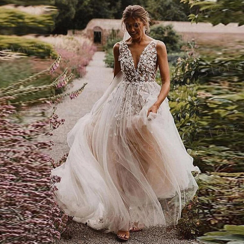 Vestido De novia De encaje con flores 3D para mujer, traje bohemio elegante y romántico, sin mangas, cuello en V, estilo moderno
