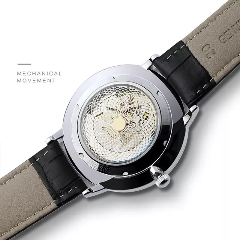AOKULASIC Men's Automatic Watches Fashion Luminous Casual Leather Band Mechanical Wristwatches Man Moon Phase Waterproof Watch