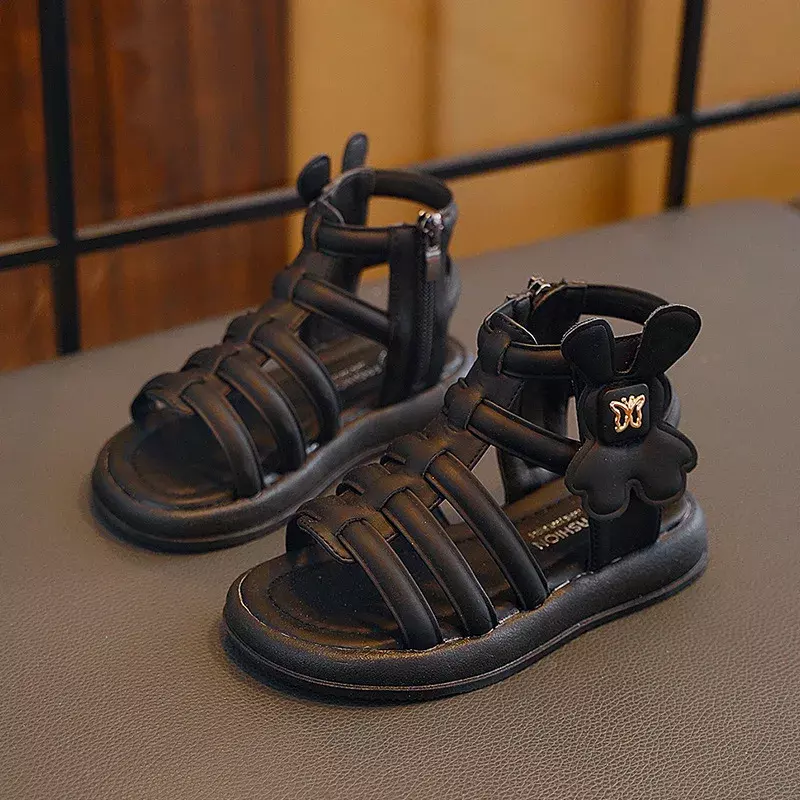 รองเท้าสานของเด็กผู้หญิงรองเท้าแตะแบบโรมันเปิดนิ้วเท้าสีเบจสีดำแฟชั่นสำหรับฤดูร้อน