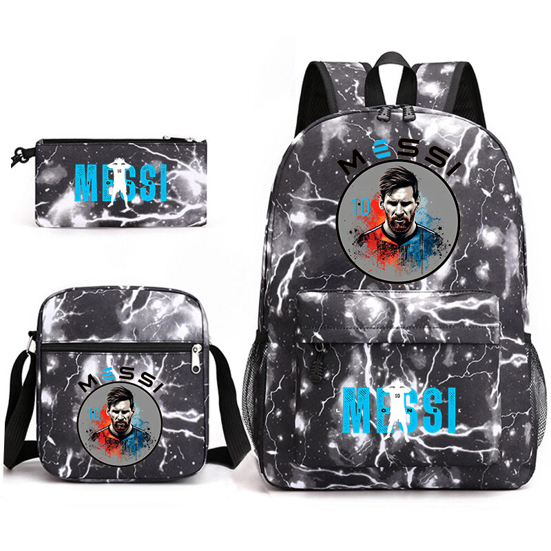 Messi-conjunto de 3 peça saco impresso para estudante, saco do lápis, bolsa de ombro, casual, juventude, adequado para meninos e meninas