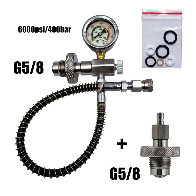 HPA Scuba Diving HP Filling Station With G5/8 Connector Chargeing Adapter Stainless Steel Cylinder Hose 6000psi/400bar Gauge
