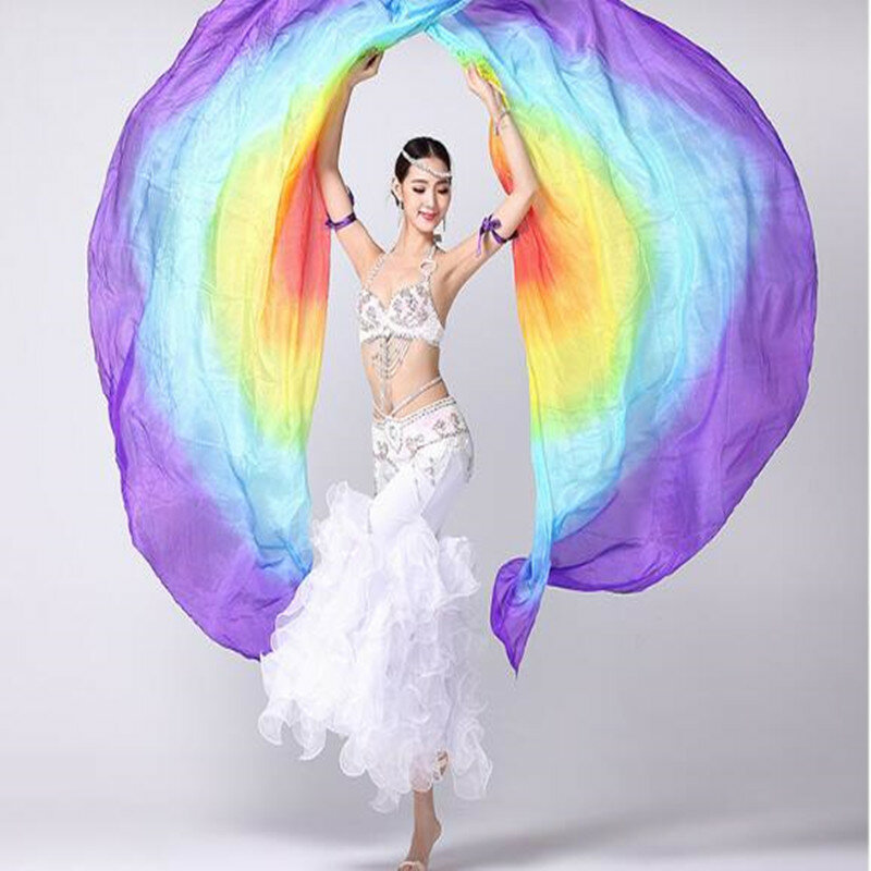 100% Silk Oriental Dance jedwabne welony Isis Wings z kijem bez kija rekwizyty sceniczne Tie Dye półkole darmowa wysyłka
