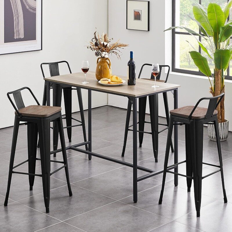 Metalowe stołki barowe, zestaw 4 stołków barowych z drewnianymi, górnymi głęboki dekolt na plecach, przemysłowymi stołkami, metalowy taboret stołkami