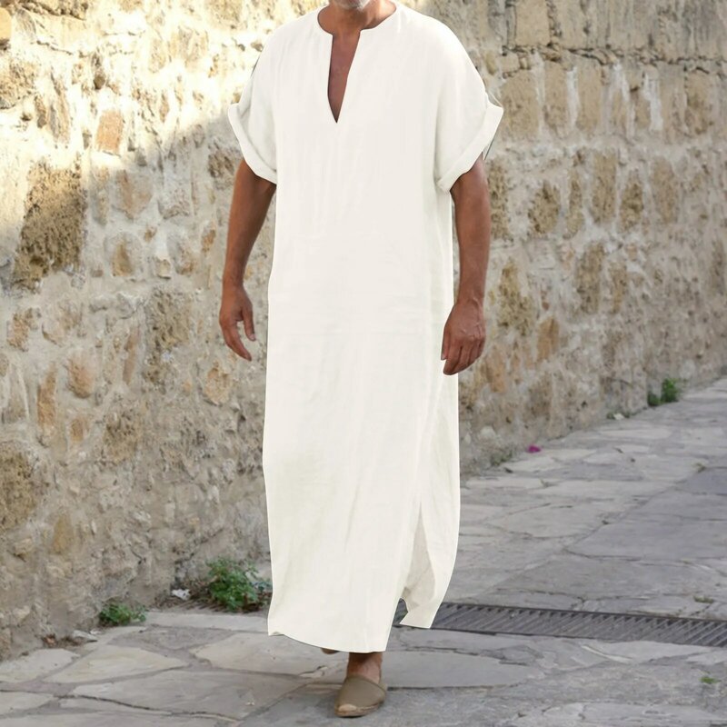 Kaftan Arab Muslim pria, pakaian Muslim lengan pendek leher V warna Solid ukuran besar longgar kasual Timur Tengah Dubai Jubba Thobe