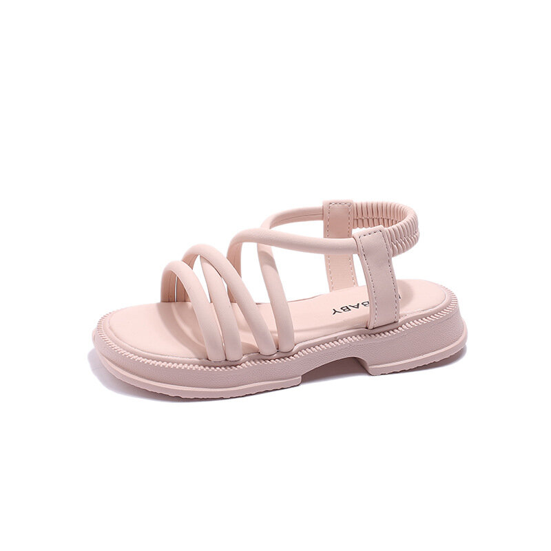 Sandálias Toe abertas brilhantes para meninas, sandálias monocromáticas listras, fundo macio, sapatos de praia de verão para meninas, moda mais nova, 2024