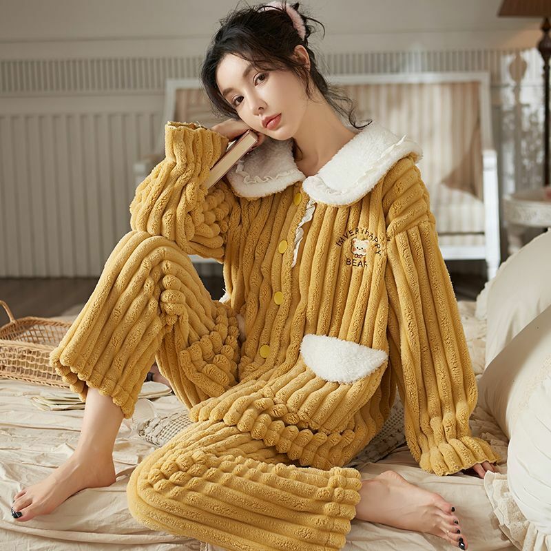 Spring Winter Coral Velvet Pajamas Female Winter Thick and Velvet Warm Home Clothing New Can Wear Flannel Set Pajamas for Women