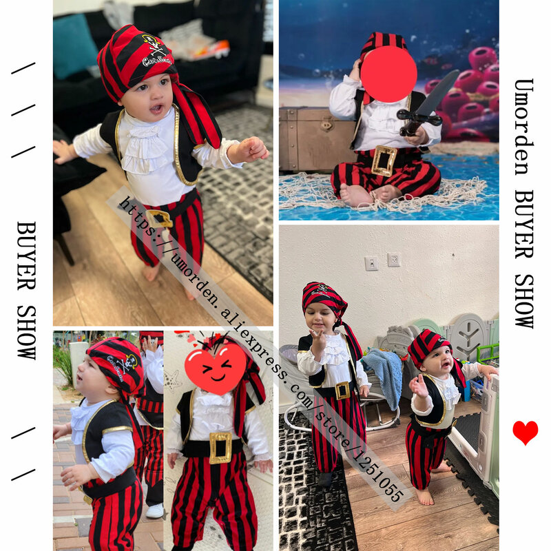 Baby Boys Girls Captain Pirate Costume Infant Toddler Romper Jumpsuit Umorden Halloween Purim Party Fancy Dress Red Stripe